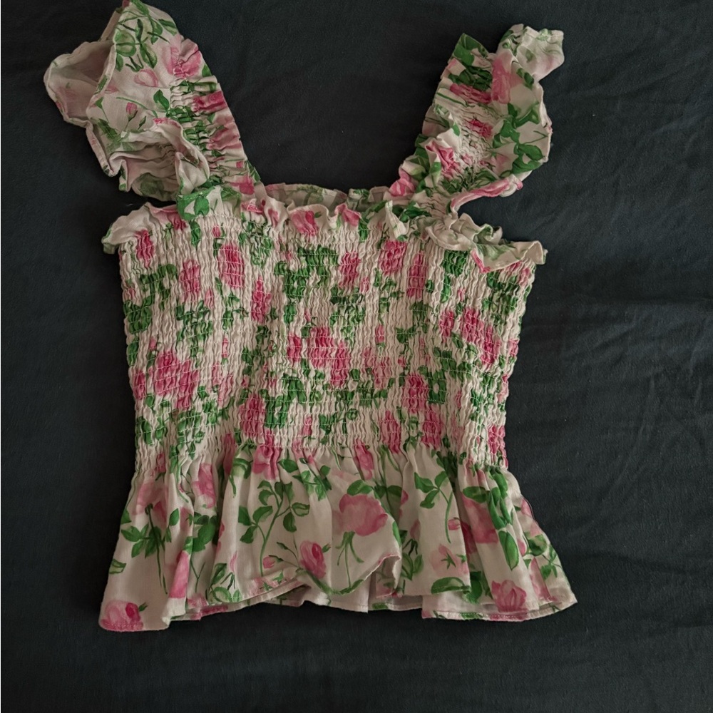 Hill House Pink and Green Floral Smocked Blouse